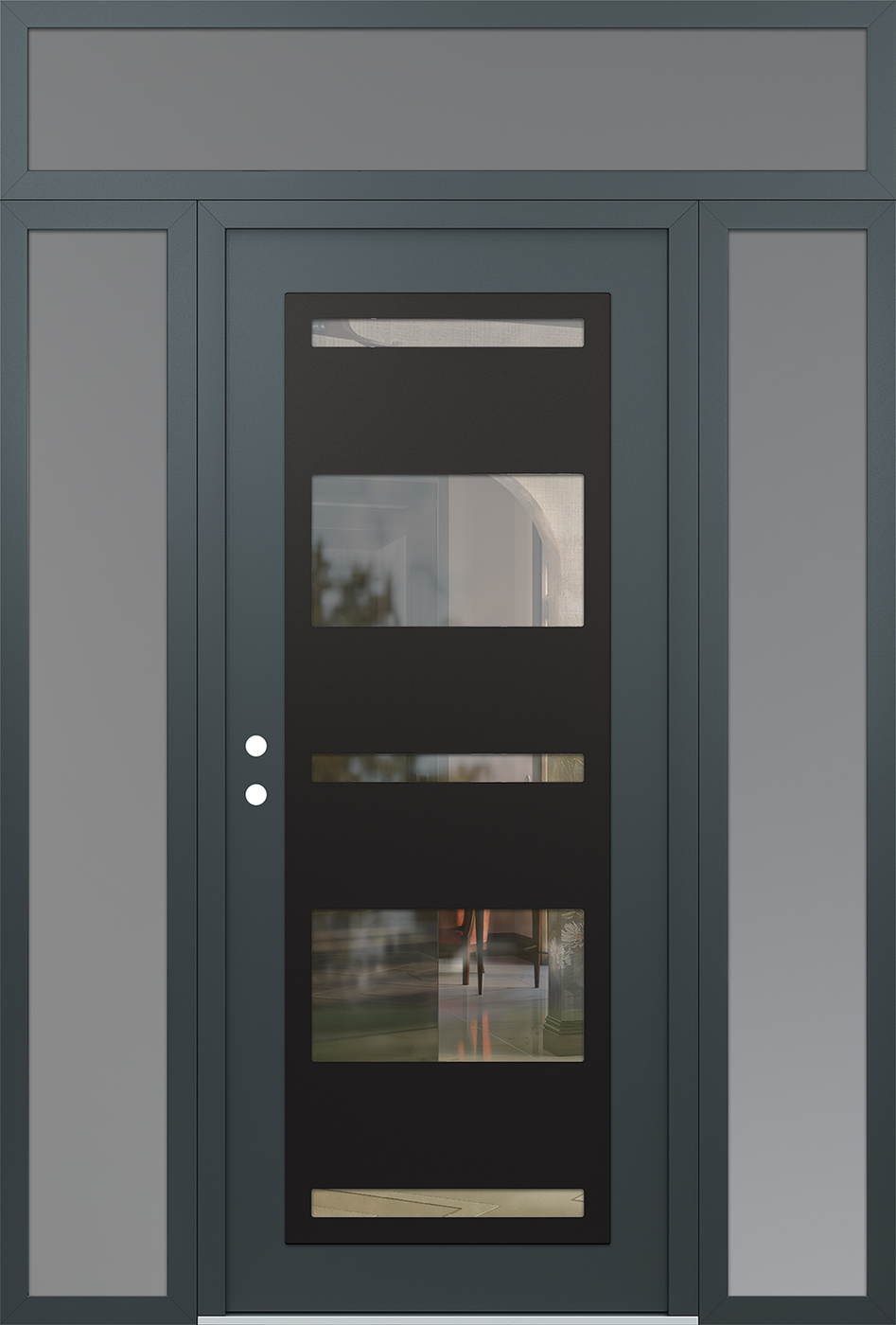 Modern Steel Front Door Diamond C10 64" x 96" anthracite/anthracite clear Glass Panel black RHI with 2 Sidelites and Transom frosted Glass