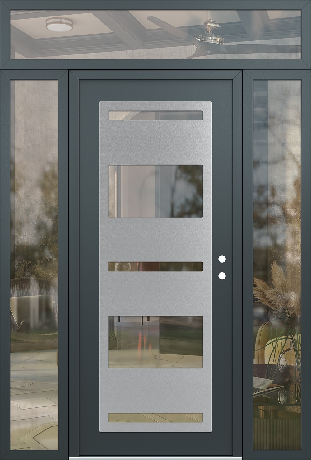 Modern Steel Front Door Diamond C10 64" x 96" anthracite/anthracite clear Glass Panel stainless steel LHI with 2 Sidelites and Transom clear Glass