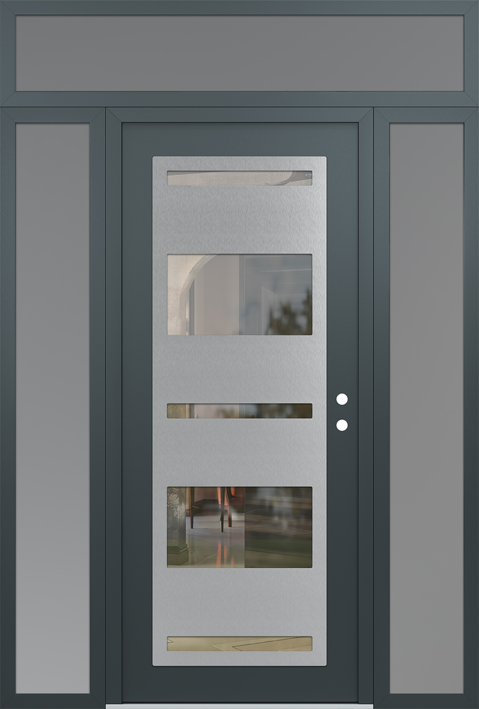 Modern Steel Front Door Diamond C10 64" x 96" anthracite/anthracite clear Glass Panel stainless steel LHI with 2 Sidelites and Transom frosted Glass