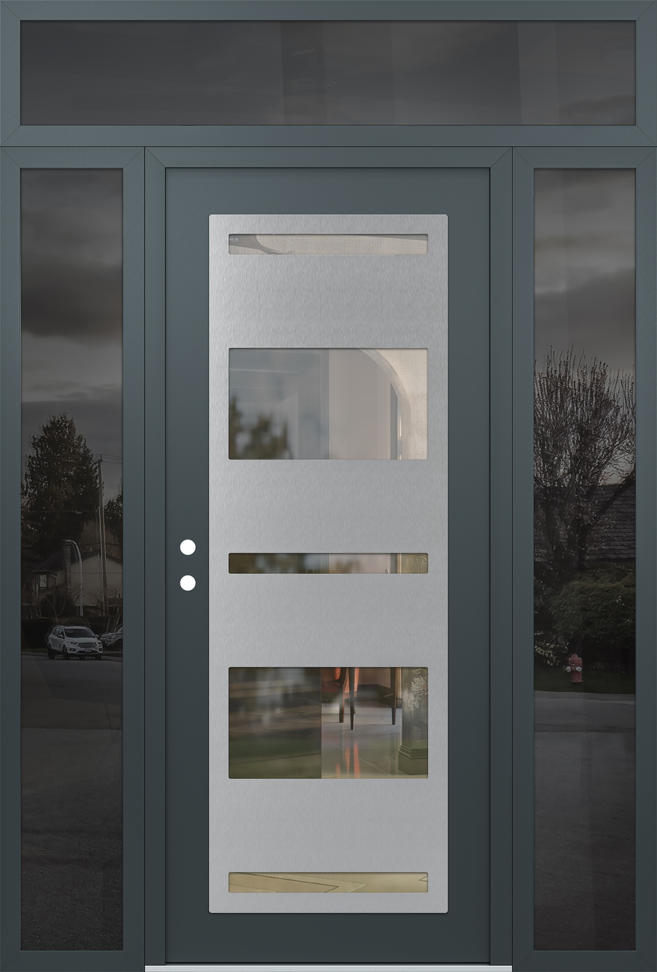 Modern Steel Front Door Diamond C10 64" x 96" anthracite/anthracite clear Glass Panel stainless steel RHI with 2 Sidelites and Transom mirrored Glass