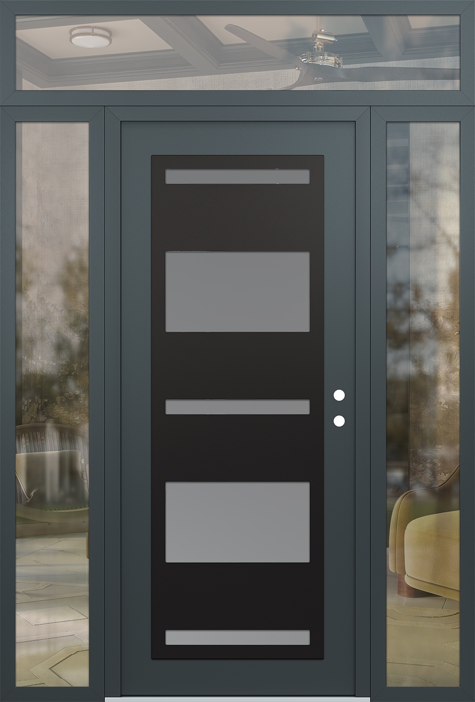 Modern Steel Front Door Diamond C10 64" x 96" anthracite/anthracite frosted Glass Panel black LHI with 2 Sidelites and Transom clear Glass