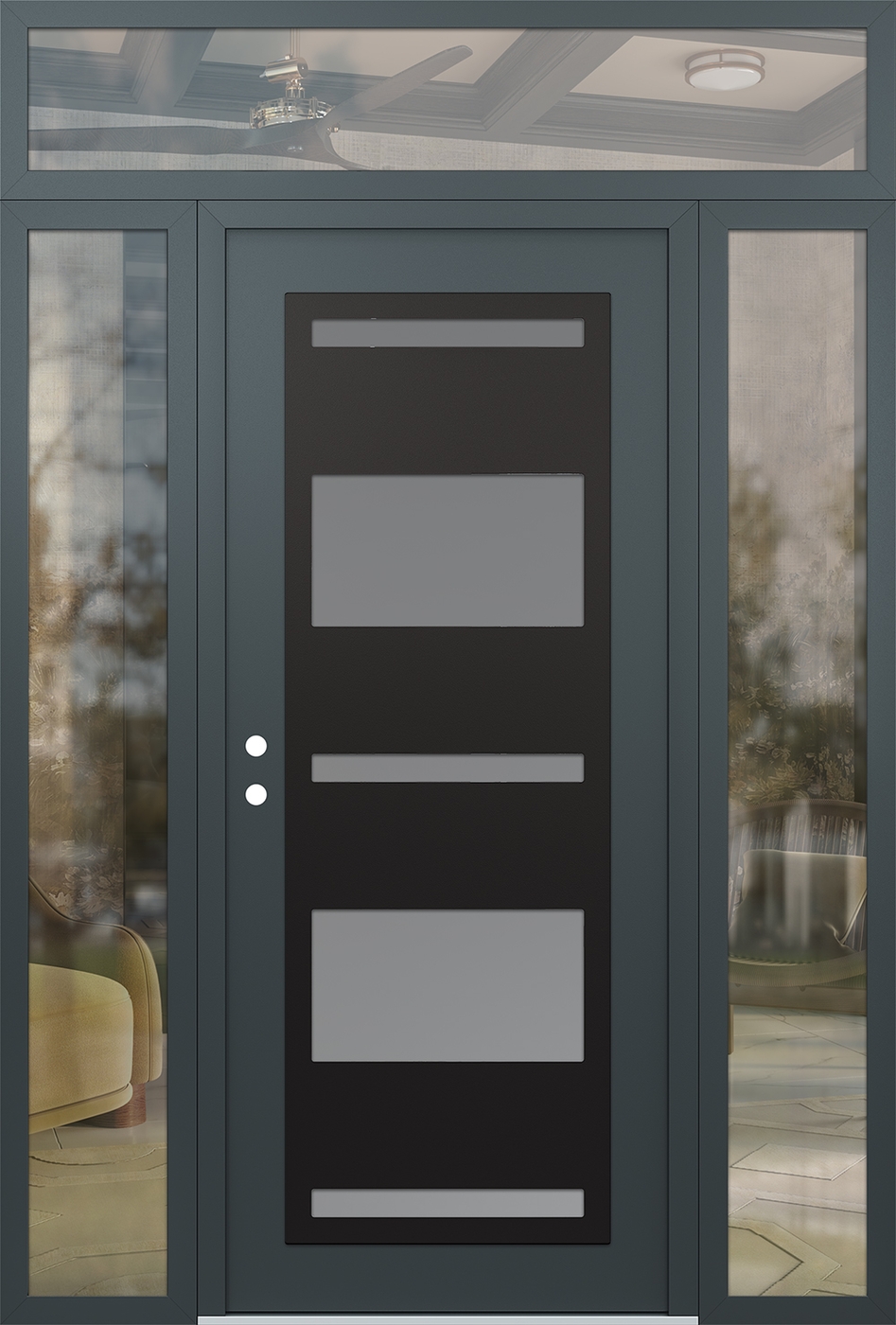 Modern Steel Front Door Diamond C10 64" x 96" anthracite/anthracite frosted Glass Panel black RHI with 2 Sidelites and Transom clear Glass