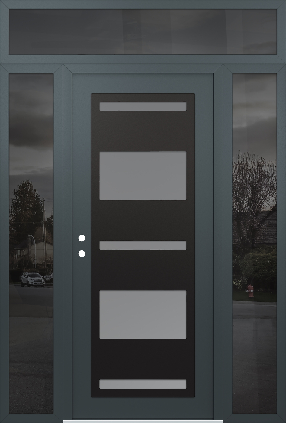 Modern Steel Front Door Diamond C10 64" x 96" anthracite/anthracite frosted Glass Panel black RHI with 2 Sidelites and Transom mirrored Glass