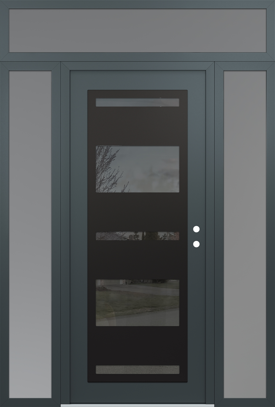 Modern Steel Front Door Diamond C10 64" x 96" anthracite/anthracite mirrored Glass Panel black LHI with 2 Sidelites and Transom frosted Glass