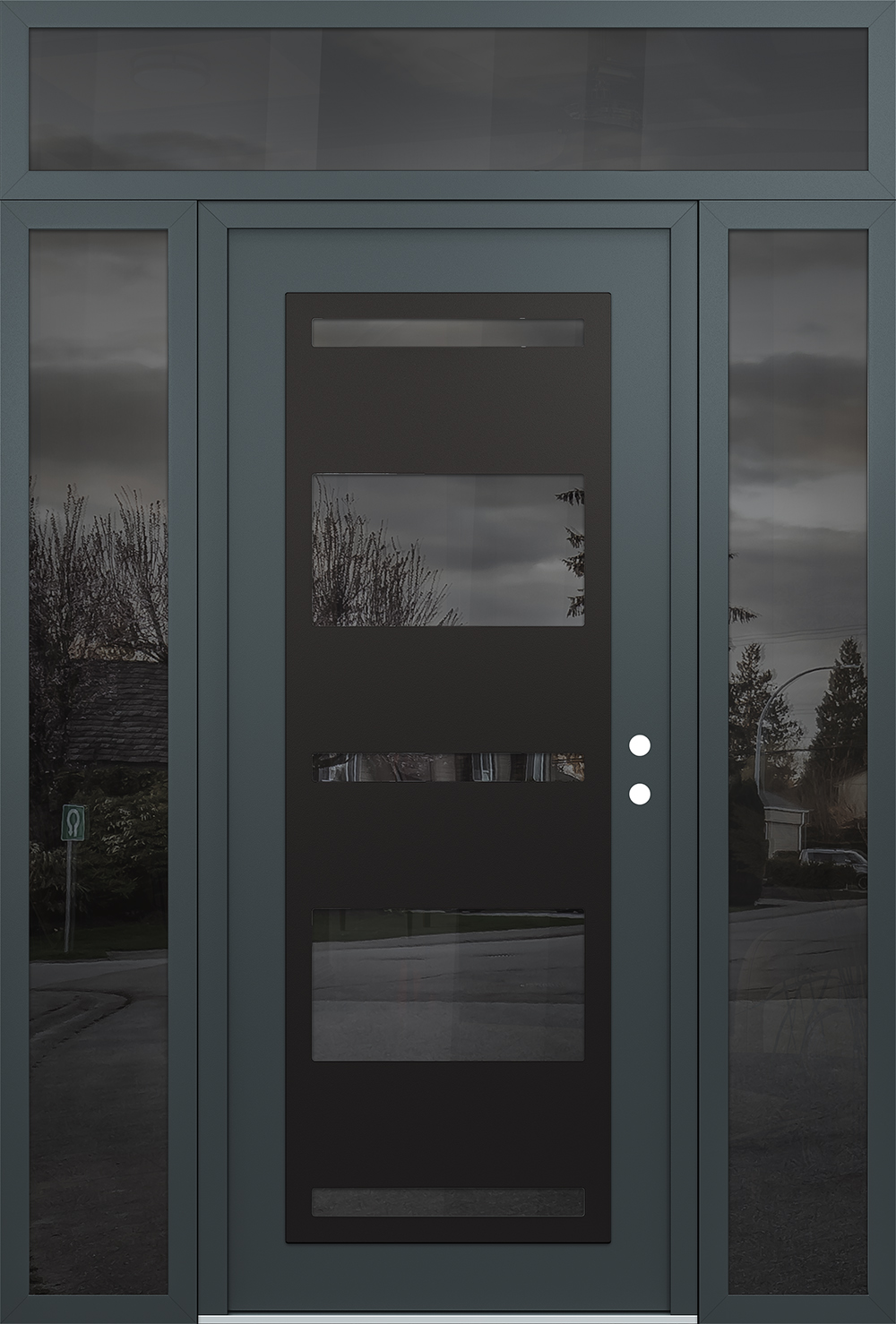 Modern Steel Front Door Diamond C10 64" x 96" anthracite/anthracite mirrored Glass Panel black LHI with 2 Sidelites and Transom mirrored Glass