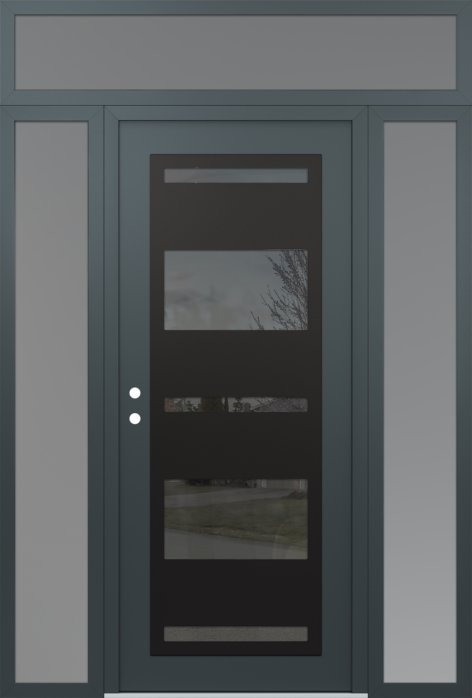 Modern Steel Front Door Diamond C10 64" x 96" anthracite/anthracite mirrored Glass Panel black RHI with 2 Sidelites and Transom frosted Glass