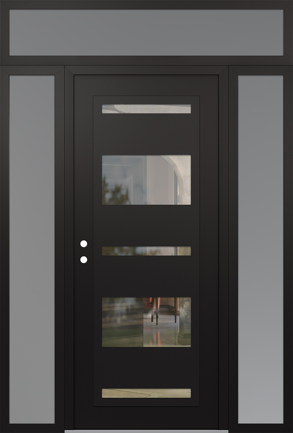 Modern Steel Front Door Diamond C10 64" x 96" black/black clear Glass Panel black RHI with 2 Sidelites and Transom frosted Glass