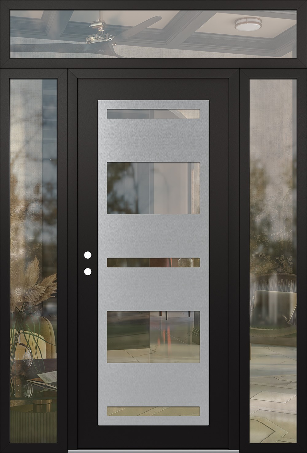 Modern Steel Front Door Diamond C10 64" x 96" black/black clear Glass Panel stainless steel RHI with 2 Sidelites and Transom clear Glass
