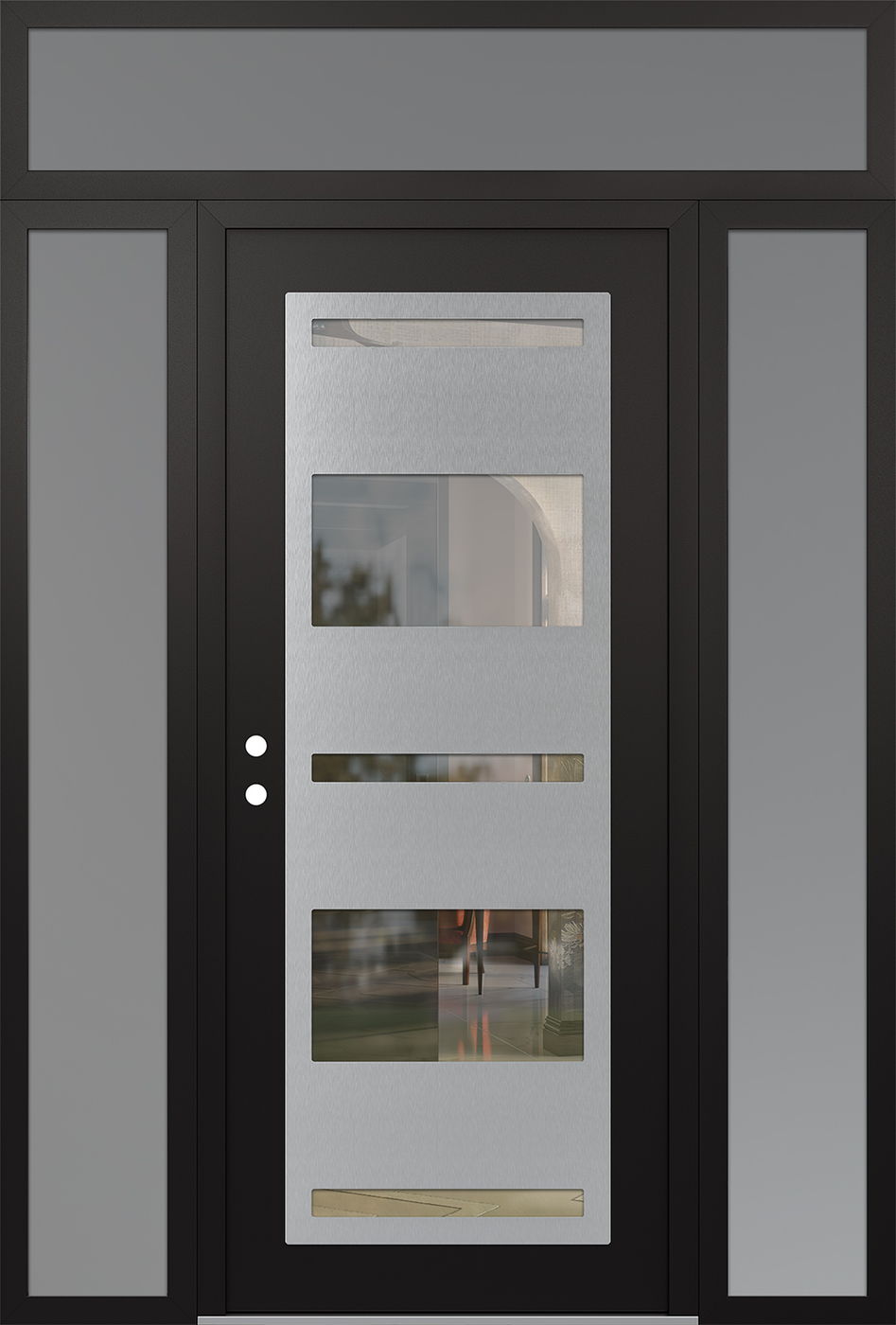 Modern Steel Front Door Diamond C10 64" x 96" black/black clear Glass Panel stainless steel RHI with 2 Sidelites and Transom frosted Glass