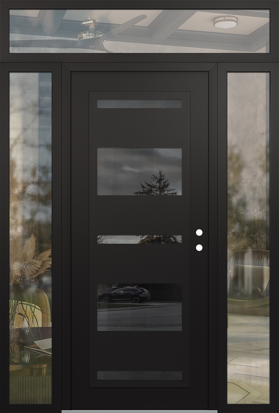 Modern Steel Front Door Diamond C10 64" x 96" black/black mirrored Glass Panel black LHI with 2 Sidelites and Transom clear Glass