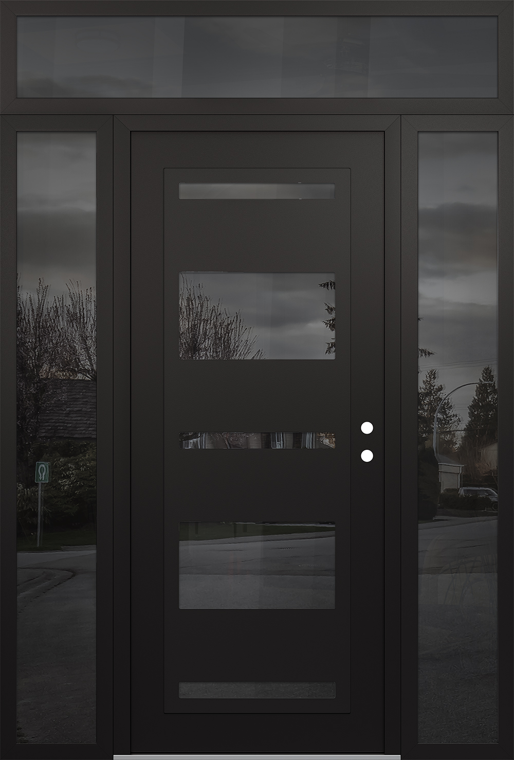 Modern Steel Front Door Diamond C10 64" x 96" black/black mirrored Glass Panel black LHI with 2 Sidelites and Transom mirrored Glass