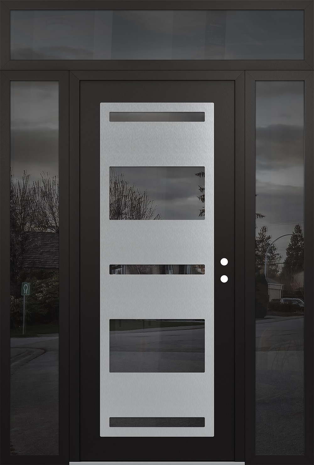 Modern Steel Front Door Diamond C10 64" x 96" black/black mirrored Glass Panel stainless steel LHI with 2 Sidelites and Transom mirrored Glass
