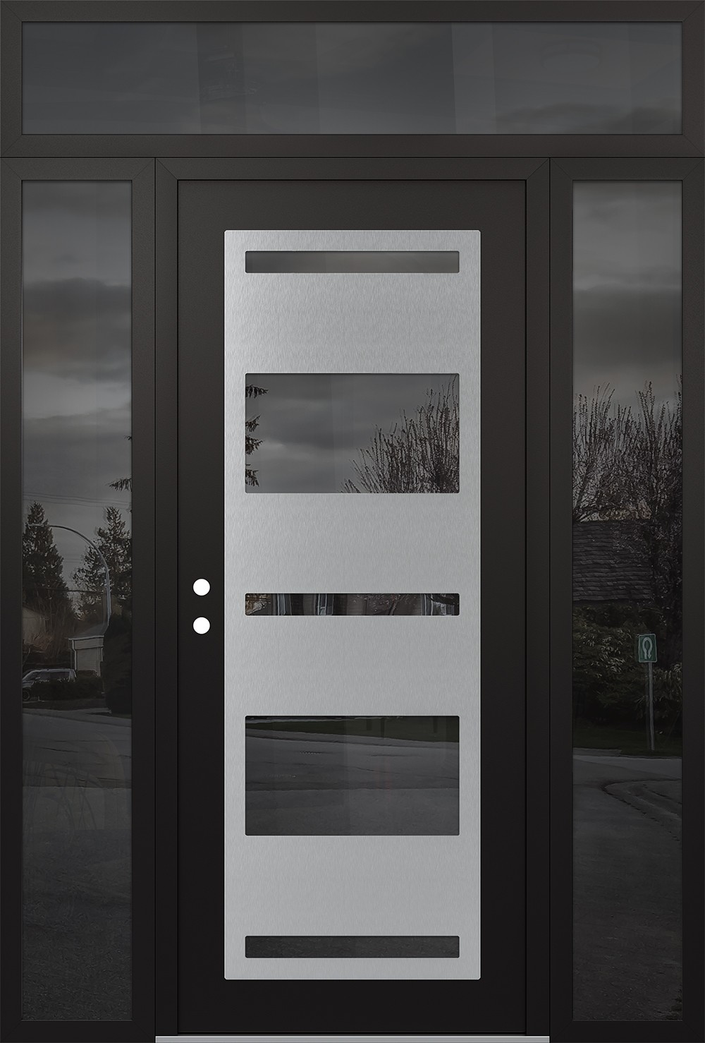 Modern Steel Front Door Diamond C10 64" x 96" black/black mirrored Glass Panel stainless steel RHI with 2 Sidelites and Transom mirrored Glass