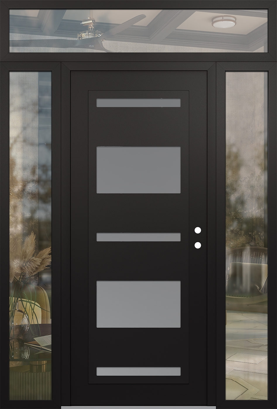 Modern Steel Front Door Diamond C10 64" x 96" black/white frosted Glass Panel black LHI with 2 Sidelites and Transom clear Glass