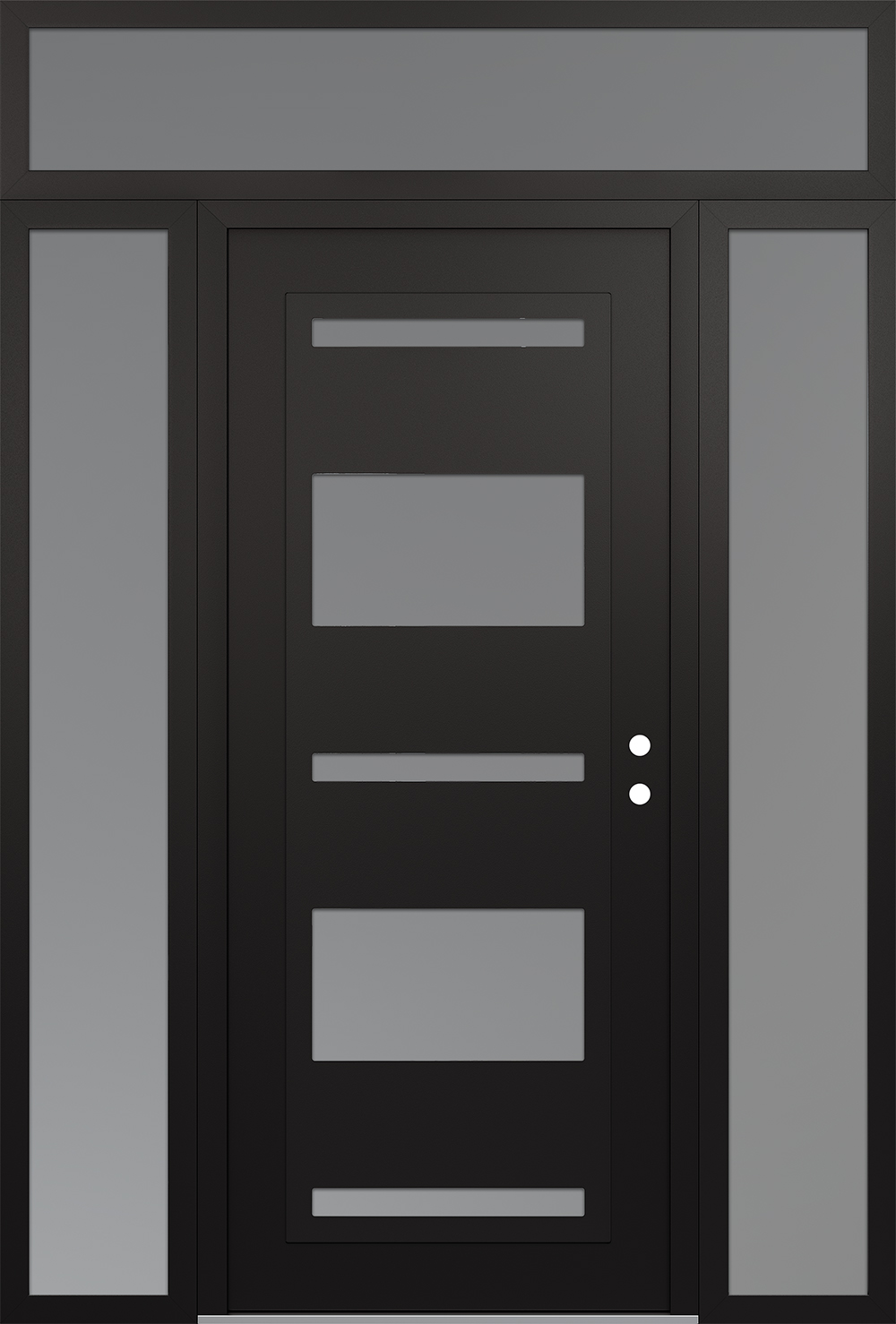 Modern Steel Front Door Diamond C10 64" x 96" black/white frosted Glass Panel black LHI with 2 Sidelites and Transom frosted Glass