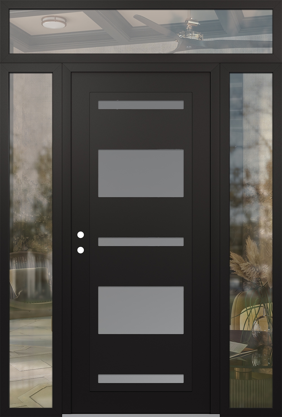 Modern Steel Front Door Diamond C10 64" x 96" black/white frosted Glass Panel black RHI with 2 Sidelites and Transom clear Glass