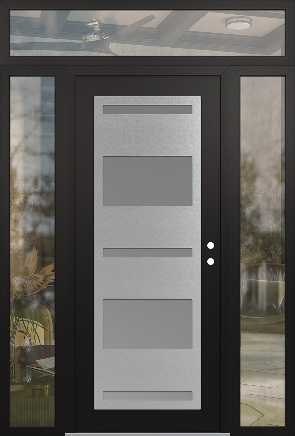 Modern Steel Front Door Diamond C10 64" x 96" black/white frosted Glass Panel stainless steel LHI with 2 Sidelites and Transom clear Glass