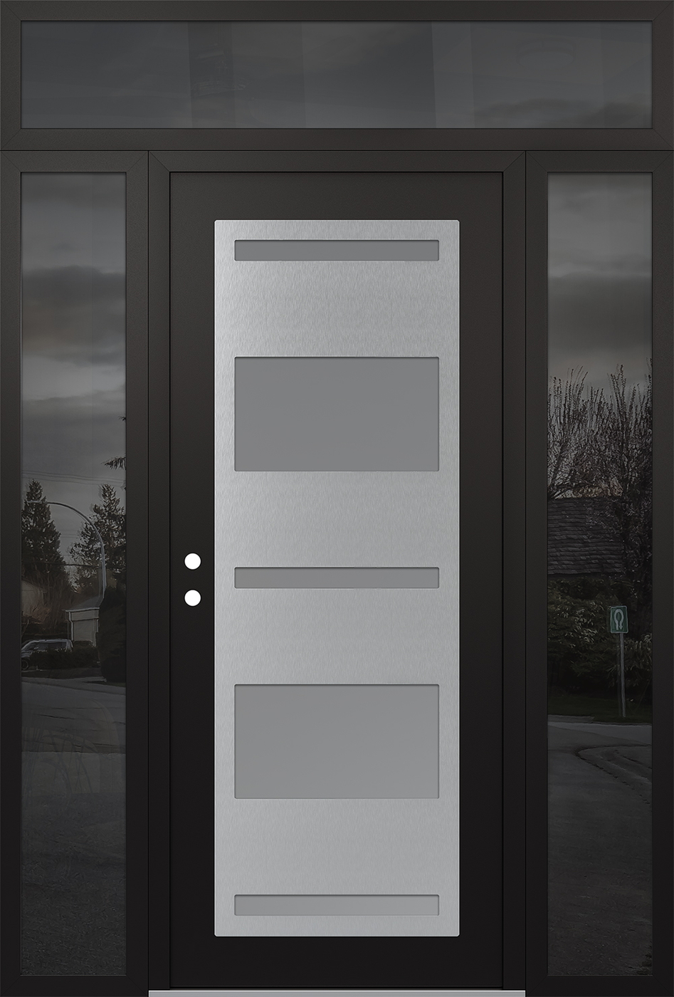 Modern Steel Front Door Diamond C10 64" x 96" black/white frosted Glass Panel stainless steel RHI with 2 Sidelites and Transom mirrored Glass