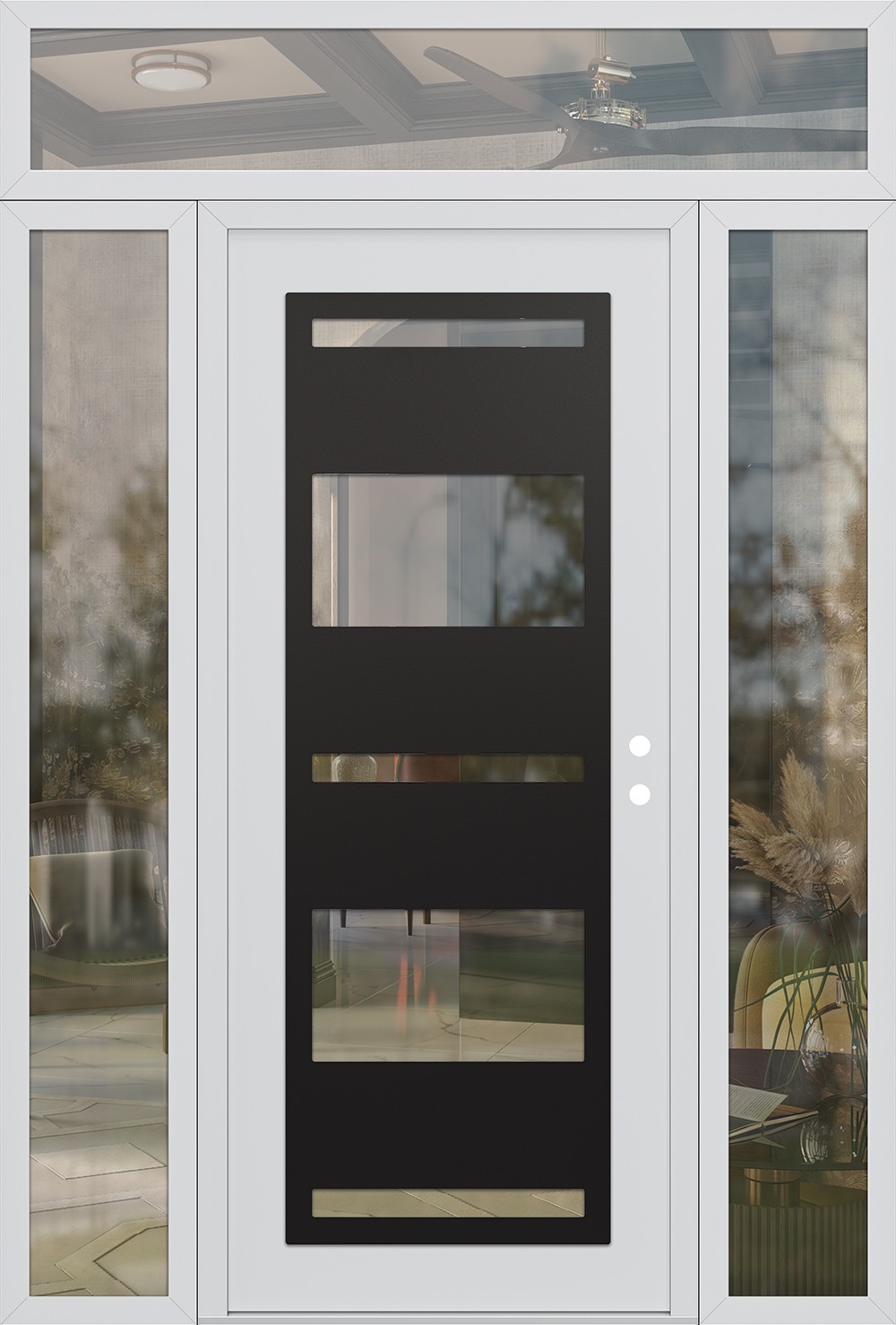 Modern Steel Front Door Diamond C10 64" x 96" white/white clear Glass Panel black LHI with 2 Sidelites and Transom clear Glass