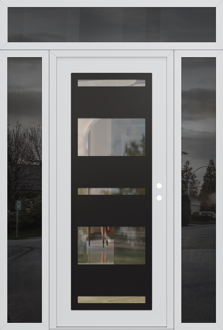 Modern Steel Front Door Diamond C10 64" x 96" white/white clear Glass Panel black LHI with 2 Sidelites and Transom mirrored Glass