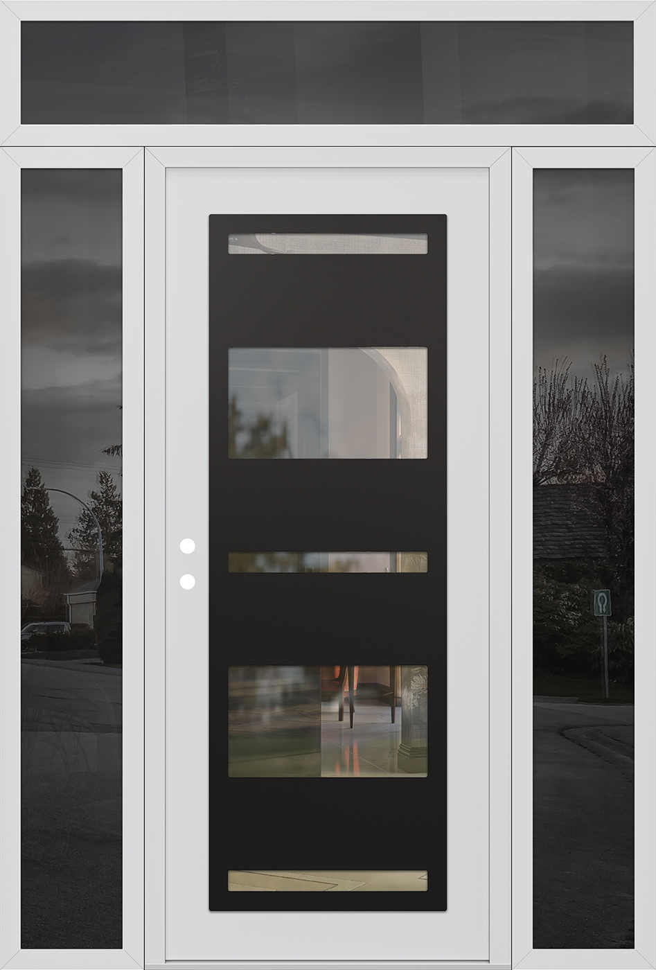 Modern Steel Front Door Diamond C10 64" x 96" white/white clear Glass Panel black RHI with 2 Sidelites and Transom mirrored Glass