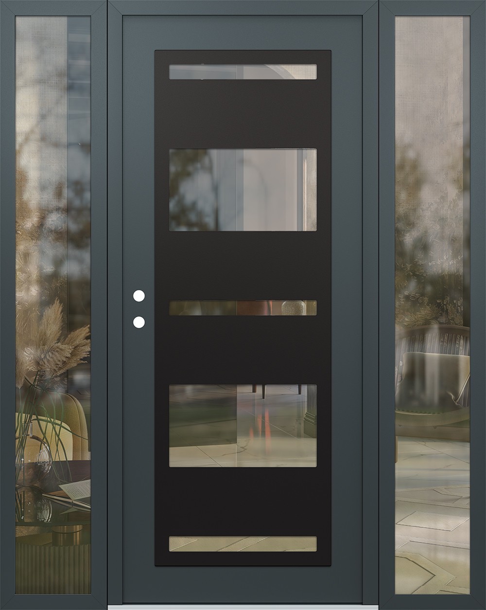 Modern Steel Front Door Diamond C10 68" x 80" anthracite/anthracite clear Glass Panel black RHI with 2 Sidelites clear Glass