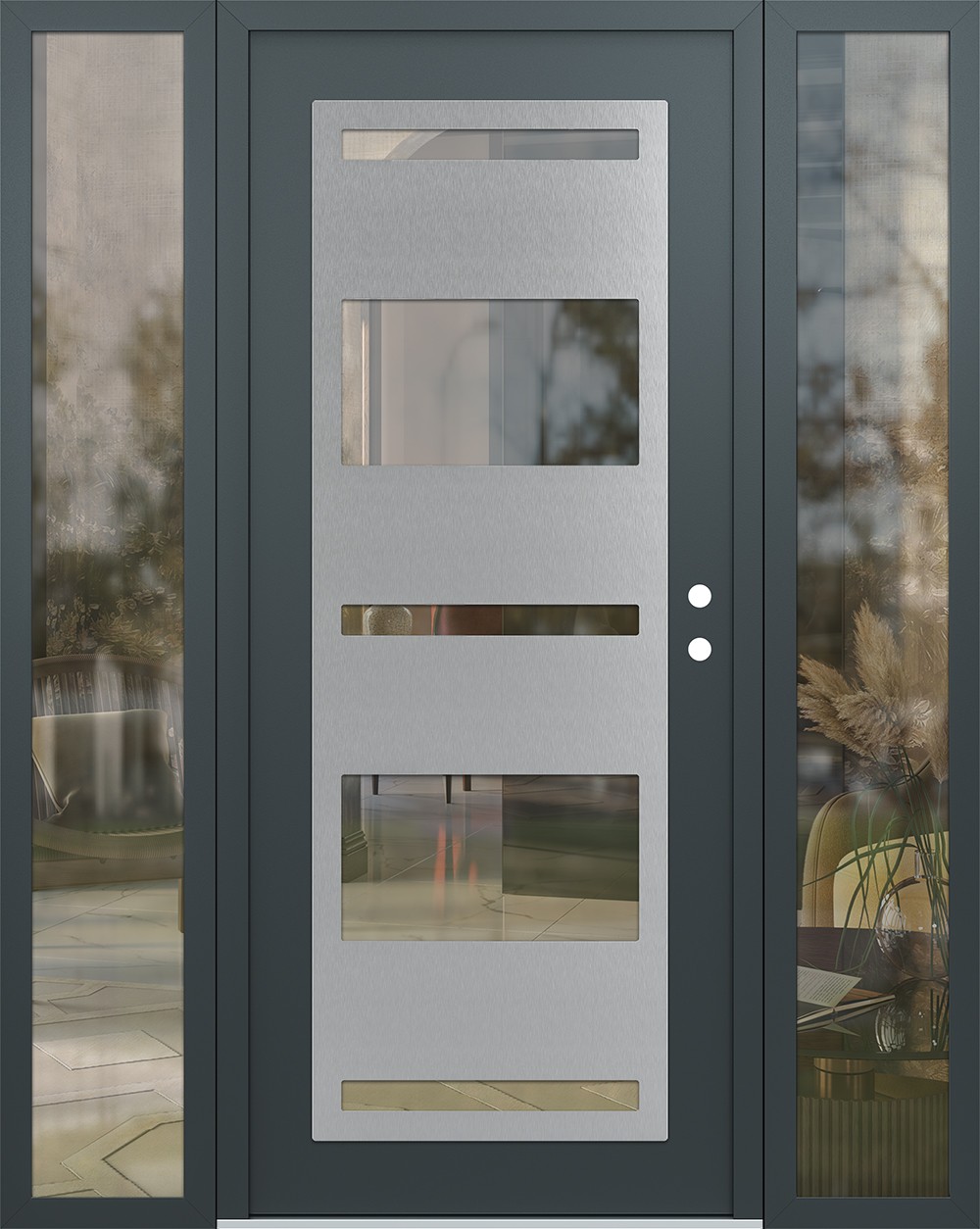 Modern Steel Front Door Diamond C10 68" x 80" anthracite/anthracite clear Glass Panel stainless steel LHI with 2 Sidelites clear Glass