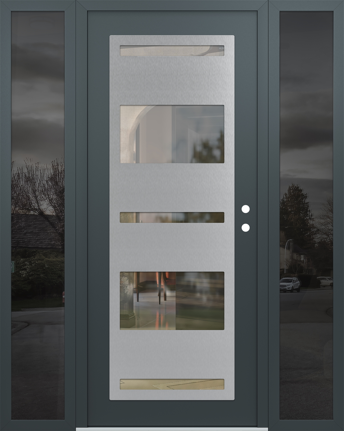 Modern Steel Front Door Diamond C10 68" x 80" anthracite/anthracite clear Glass Panel stainless steel LHI with 2 Sidelites mirrored Glass