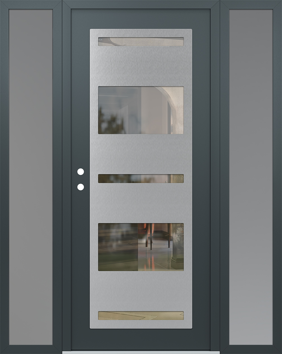 Modern Steel Front Door Diamond C10 68" x 80" anthracite/anthracite clear Glass Panel stainless steel RHI with 2 Sidelites frosted Glass