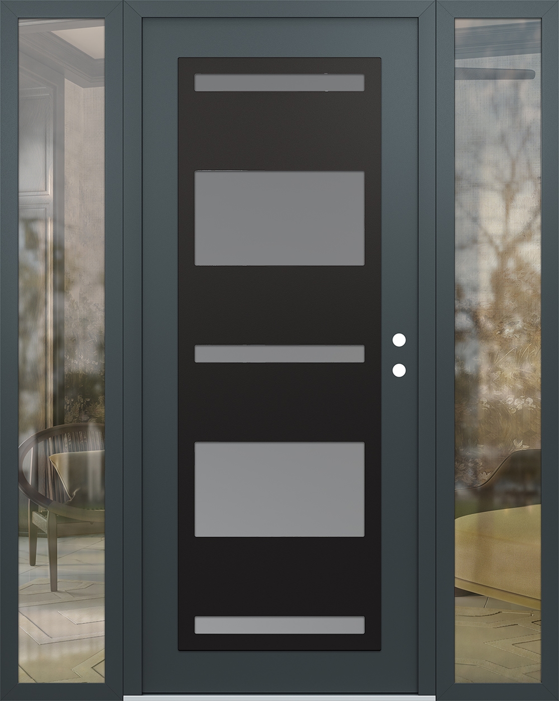 Modern Steel Front Door Diamond C10 68" x 80" anthracite/anthracite frosted Glass Panel black LHI with 2 Sidelites clear Glass