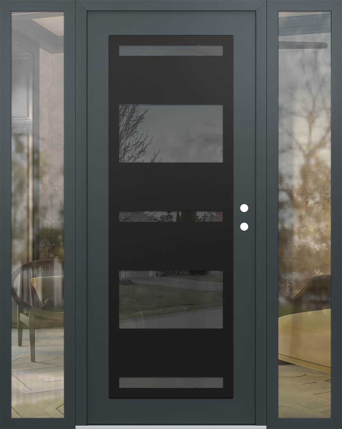 Modern Steel Front Door Diamond C10 68" x 80" anthracite/anthracite mirrored Glass Panel black LHI with 2 Sidelites clear Glass