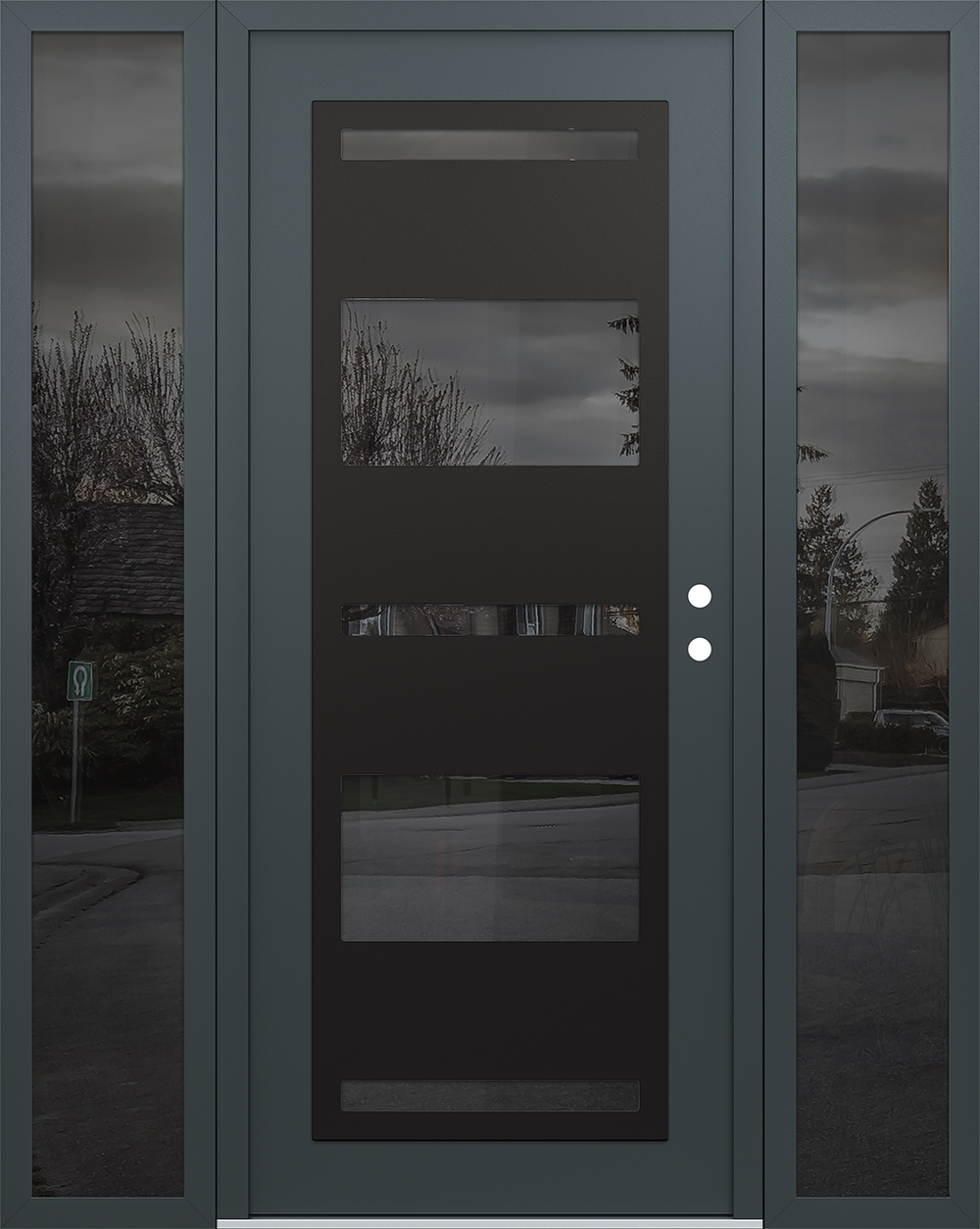 Modern Steel Front Door Diamond C10 68" x 80" anthracite/anthracite mirrored Glass Panel black LHI with 2 Sidelites mirrored Glass
