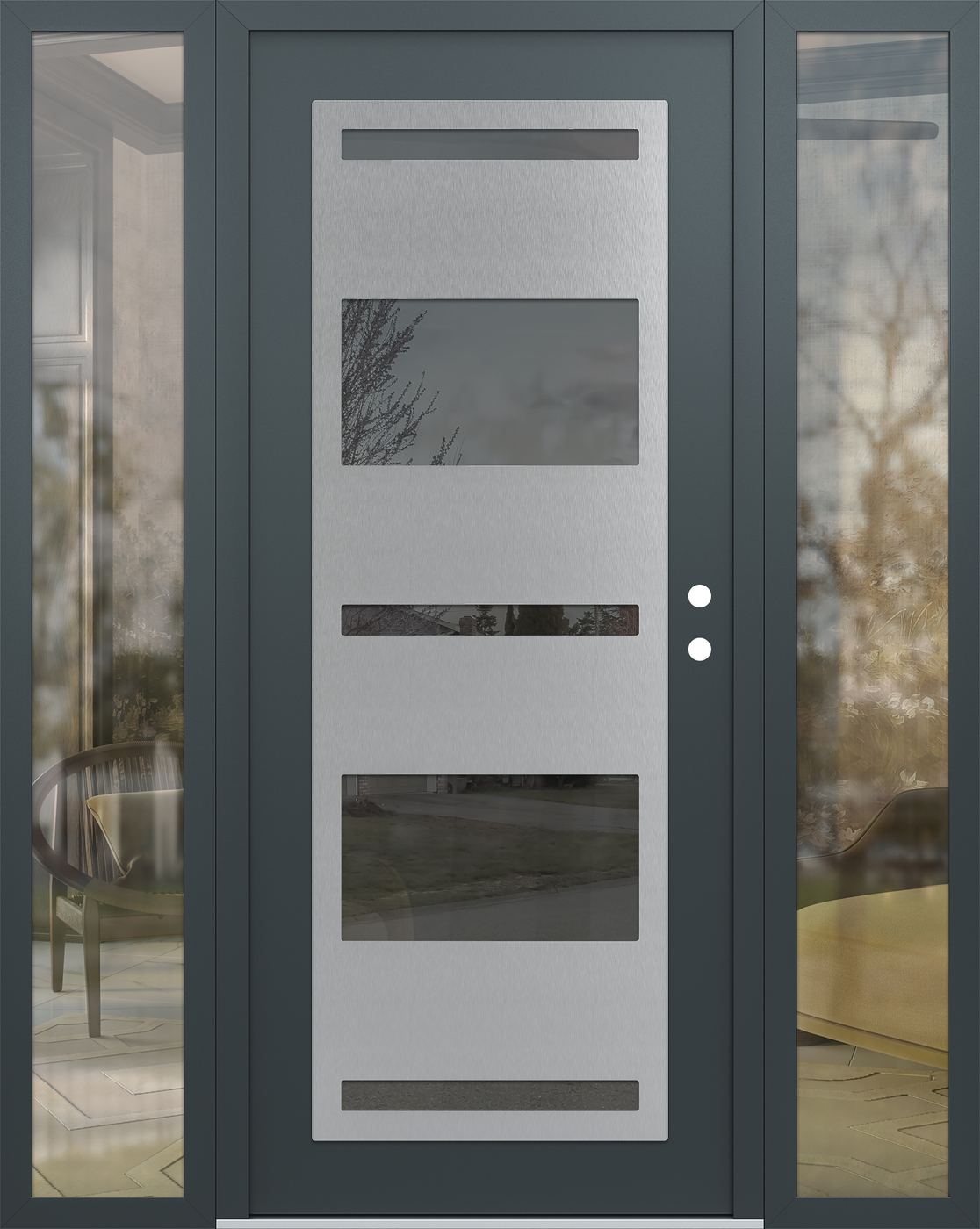 Modern Steel Front Door Diamond C10 68" x 80" anthracite/anthracite mirrored Glass Panel stainless steel LHI with 2 Sidelites clear Glass