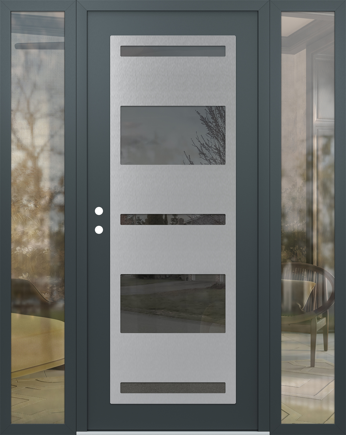 Modern Steel Front Door Diamond C10 68" x 80" anthracite/anthracite mirrored Glass Panel stainless steel RHI with 2 Sidelites clear Glass