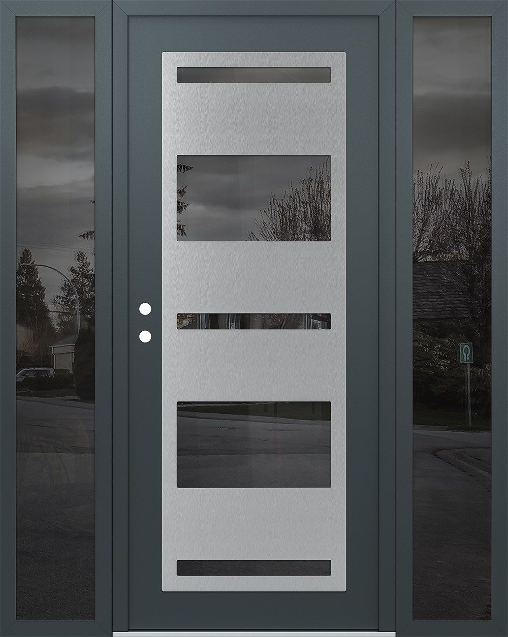 Modern Steel Front Door Diamond C10 68" x 80" anthracite/anthracite mirrored Glass Panel stainless steel RHI with 2 Sidelites mirrored Glass