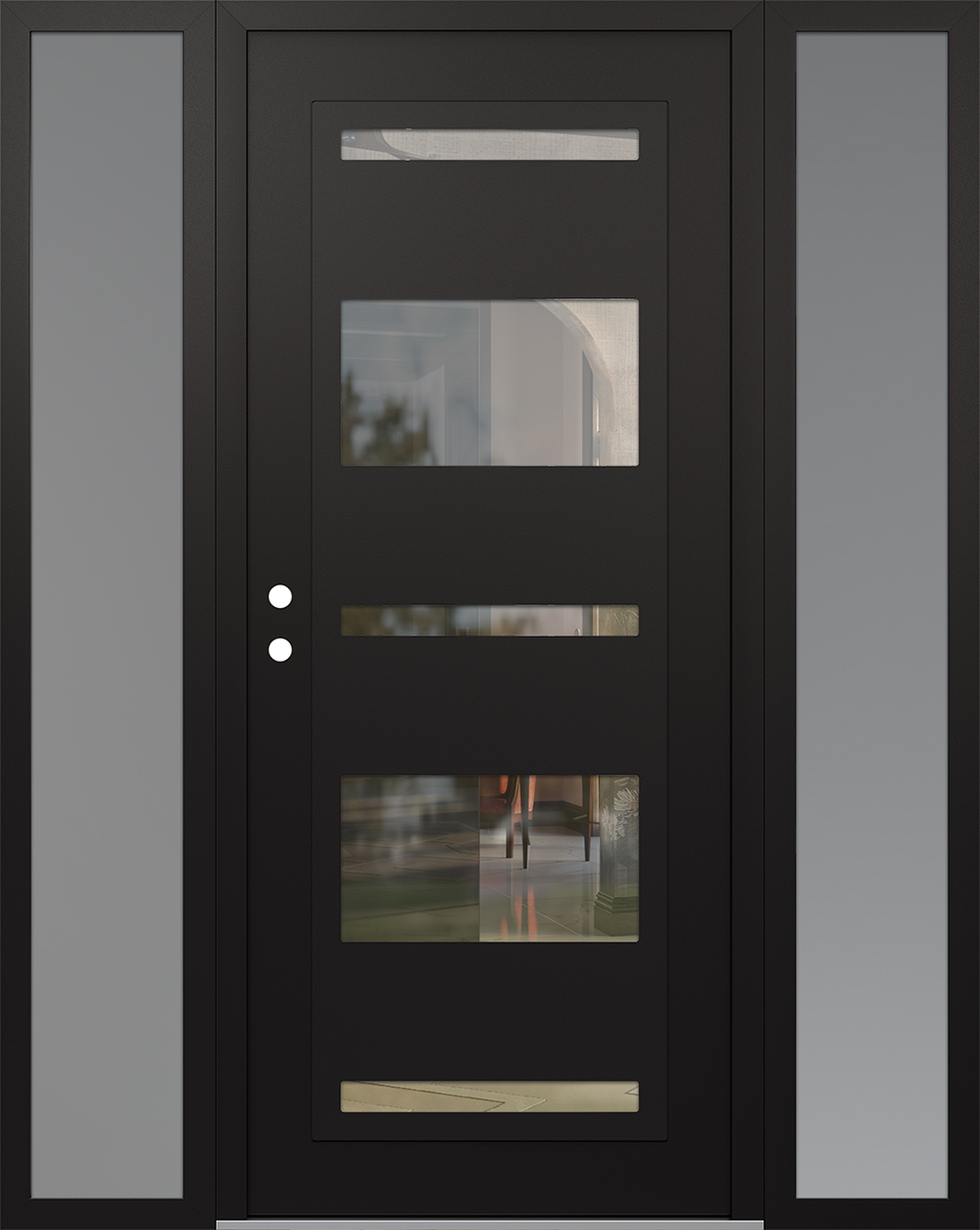 Modern Steel Front Door Diamond C10 68" x 80" black/black clear Glass Panel black RHI with 2 Sidelites frosted Glass