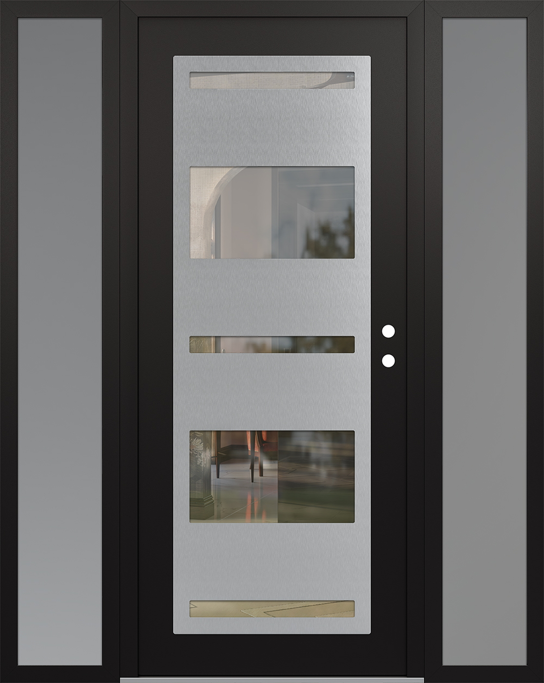Modern Steel Front Door Diamond C10 68" x 80" black/black clear Glass Panel stainless steel LHI with 2 Sidelites frosted Glass