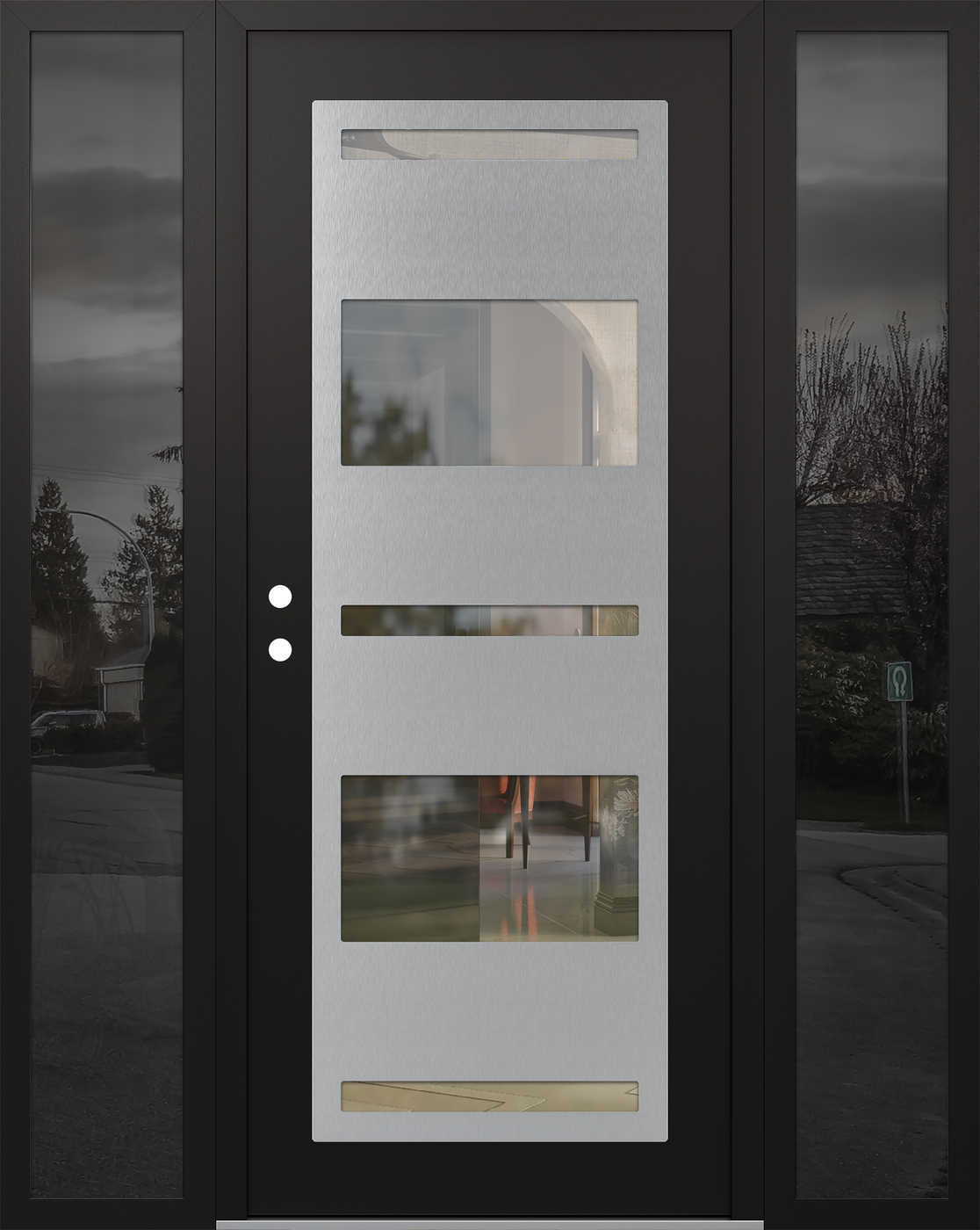 Modern Steel Front Door Diamond C10 68" x 80" black/black clear Glass Panel stainless steel RHI with 2 Sidelites mirrored Glass