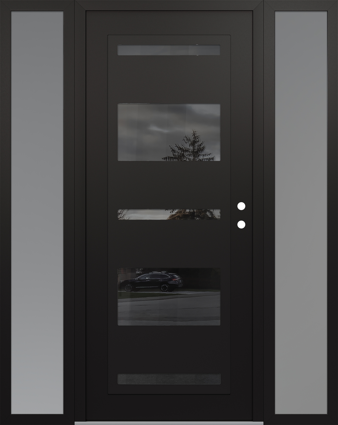 Modern Steel Front Door Diamond C10 68" x 80" black/black mirrored Glass Panel black LHI with 2 Sidelites frosted Glass