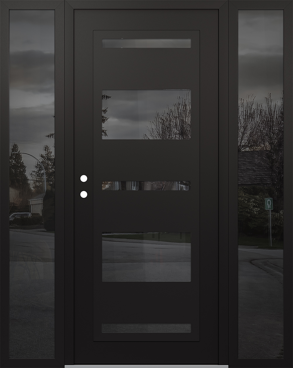 Modern Steel Front Door Diamond C10 68" x 80" black/black mirrored Glass Panel black RHI with 2 Sidelites mirrored Glass