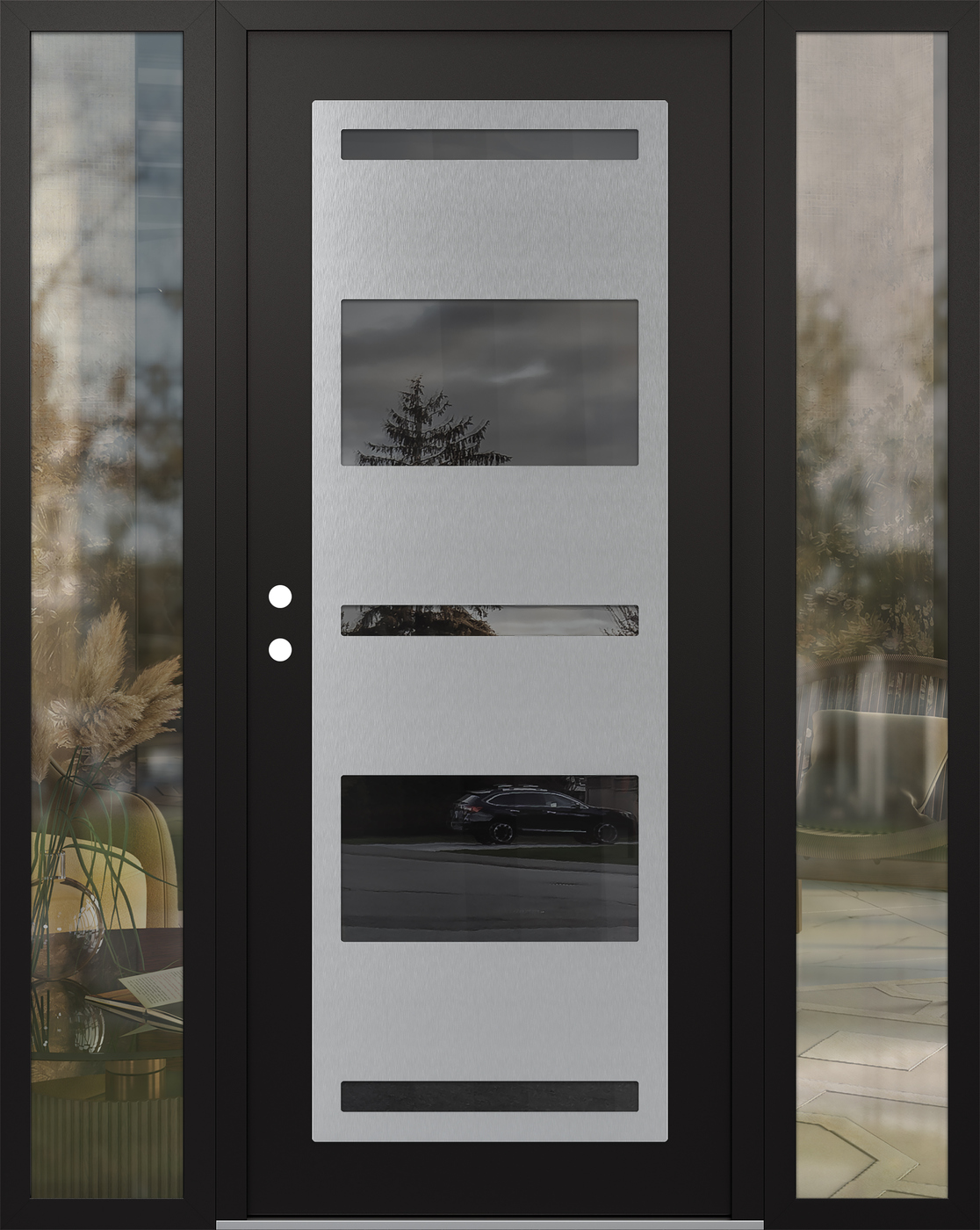 Modern Steel Front Door Diamond C10 68" x 80" black/black mirrored Glass Panel stainless steel RHI with 2 Sidelites clear Glass