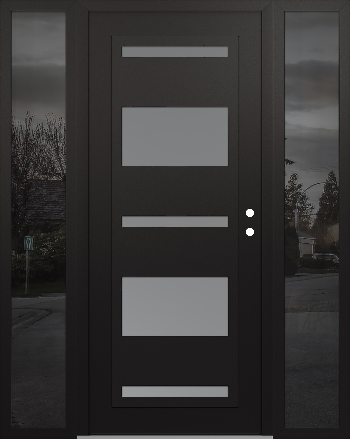 Modern Steel Front Door Diamond C10 68" x 80" black/white frosted Glass Panel black LHI with 2 Sidelites mirrored Glass