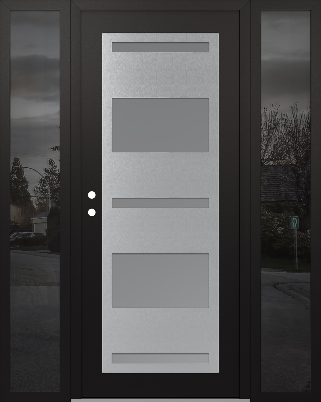 Modern Steel Front Door Diamond C10 68" x 80" black/white frosted Glass Panel stainless steel RHI with 2 Sidelites mirrored Glass