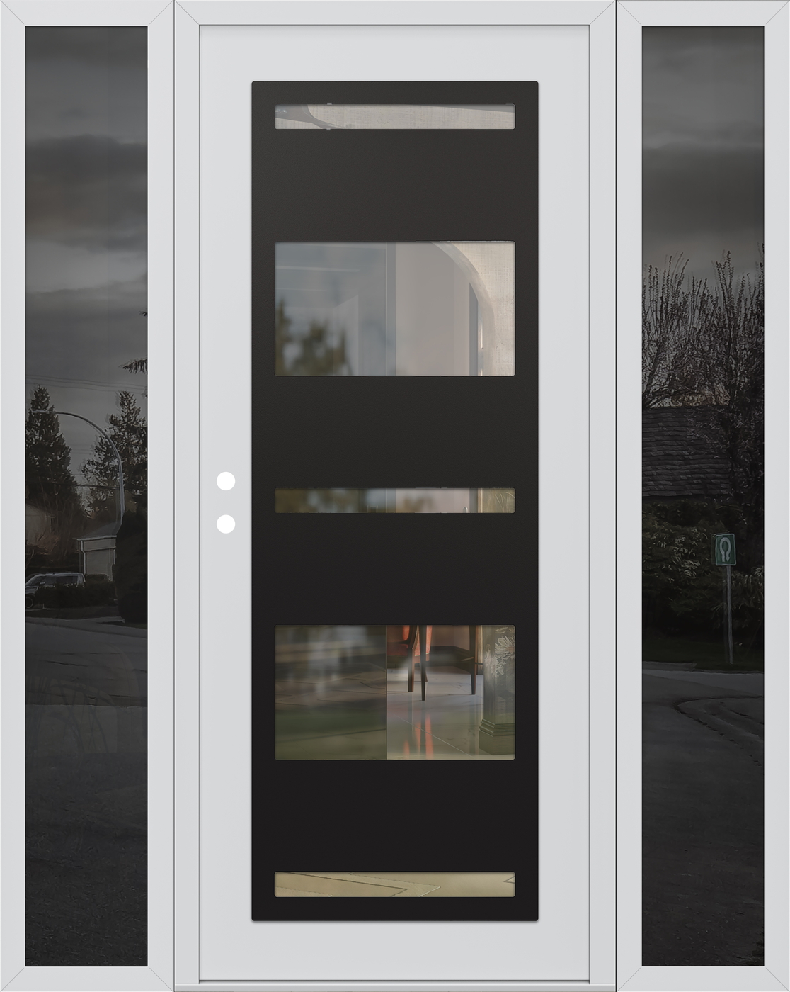 Modern Steel Front Door Diamond C10 68" x 80" white/white clear Glass Panel black RHI with 2 Sidelites mirrored Glass