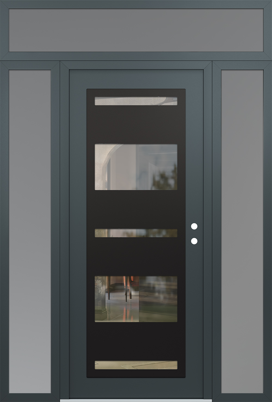 Modern Steel Front Door Diamond C10 68" x 96" anthracite/anthracite clear Glass Panel black LHI with 2 Sidelites and Transom frosted Glass