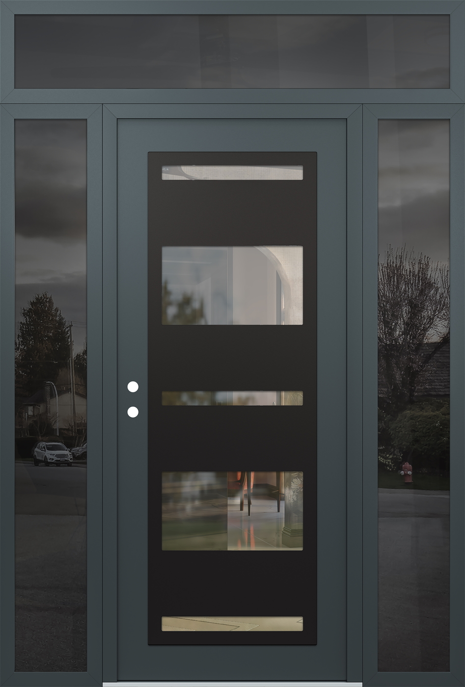 Modern Steel Front Door Diamond C10 68" x 96" anthracite/anthracite clear Glass Panel black RHI with 2 Sidelites and Transom mirrored Glass