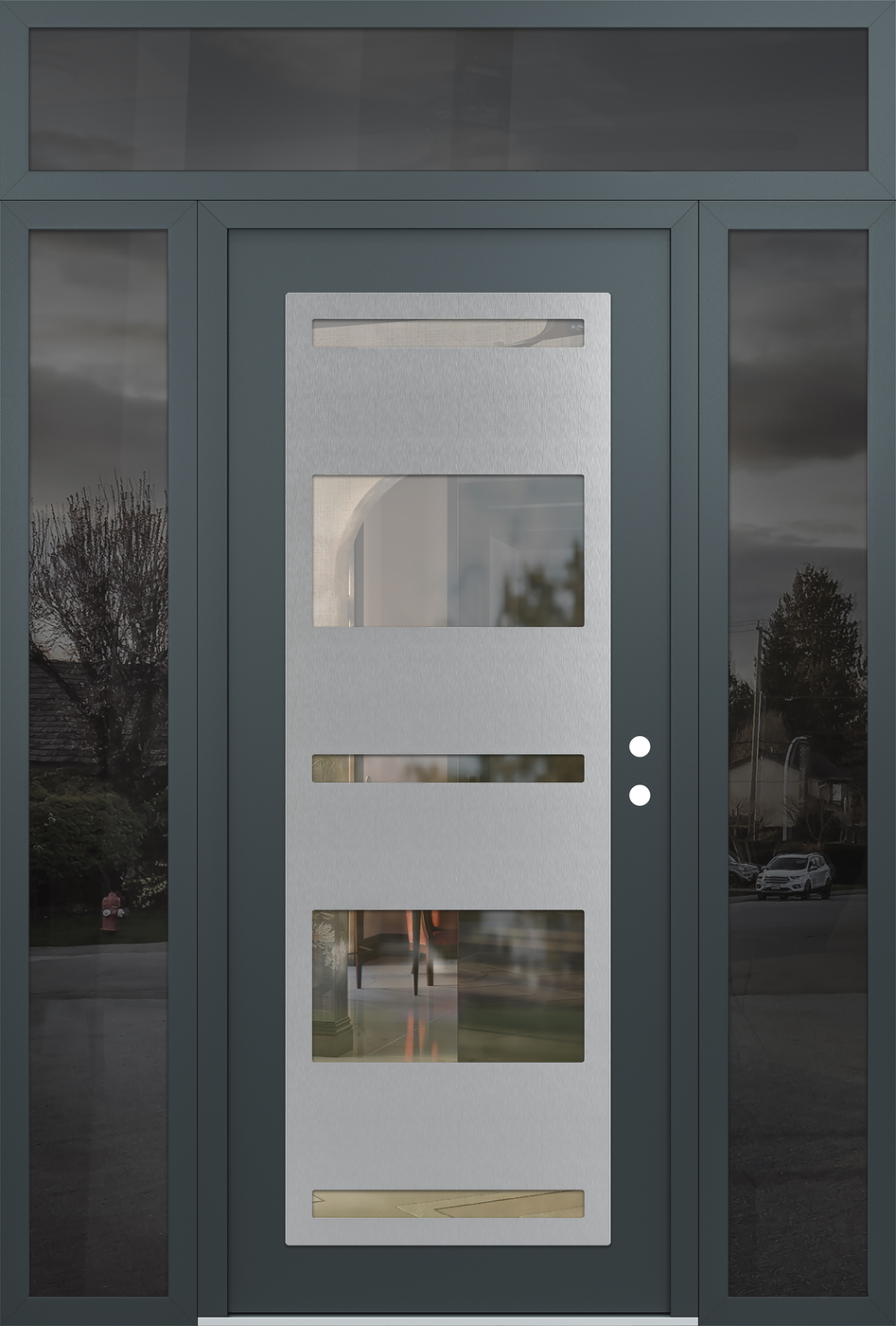 Modern Steel Front Door Diamond C10 68" x 96" anthracite/anthracite clear Glass Panel stainless steel LHI with 2 Sidelites and Transom mirrored Glass