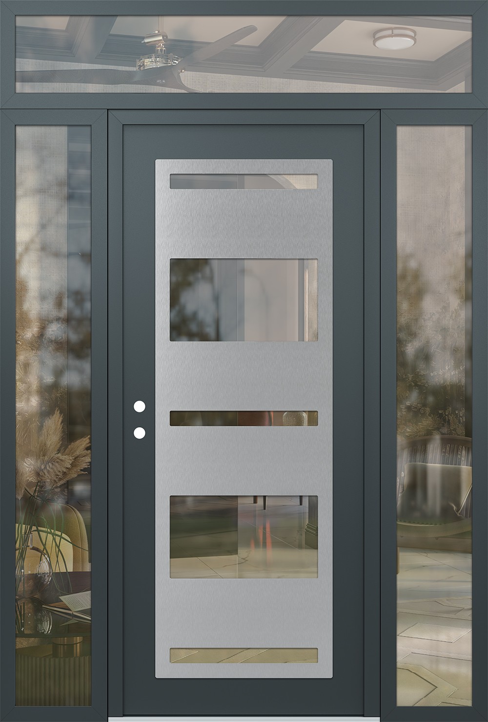 Modern Steel Front Door Diamond C10 68" x 96" anthracite/anthracite clear Glass Panel stainless steel RHI with 2 Sidelites and Transom clear Glass