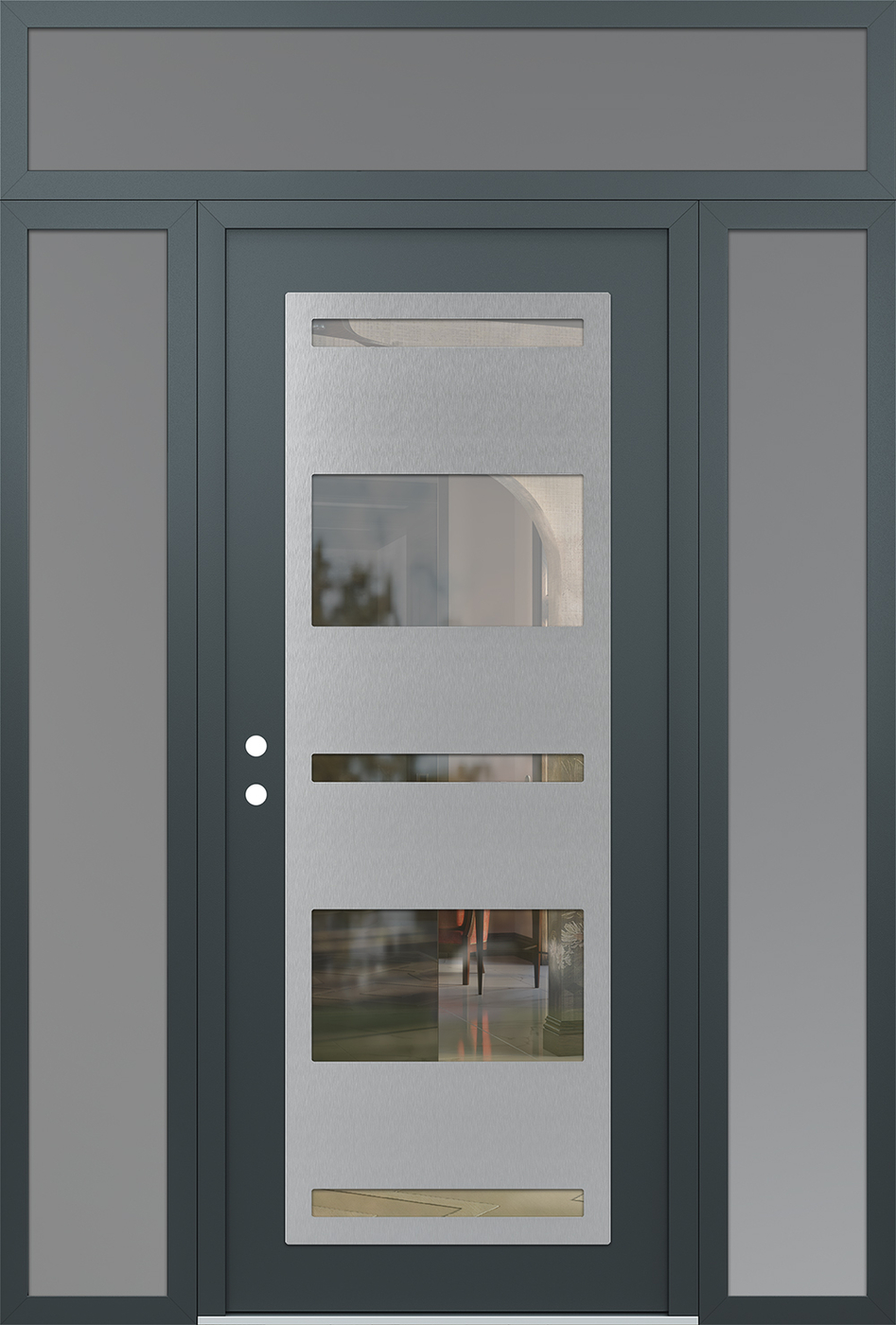 Modern Steel Front Door Diamond C10 68" x 96" anthracite/anthracite clear Glass Panel stainless steel RHI with 2 Sidelites and Transom frosted Glass