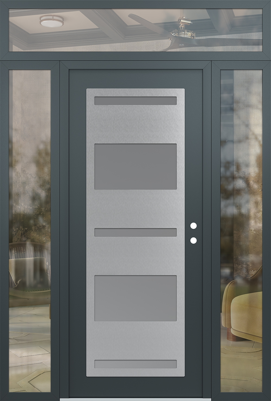 Modern Steel Front Door Diamond C10 68" x 96" anthracite/anthracite frosted Glass Panel stainless steel LHI with 2 Sidelites and Transom clear Glass
